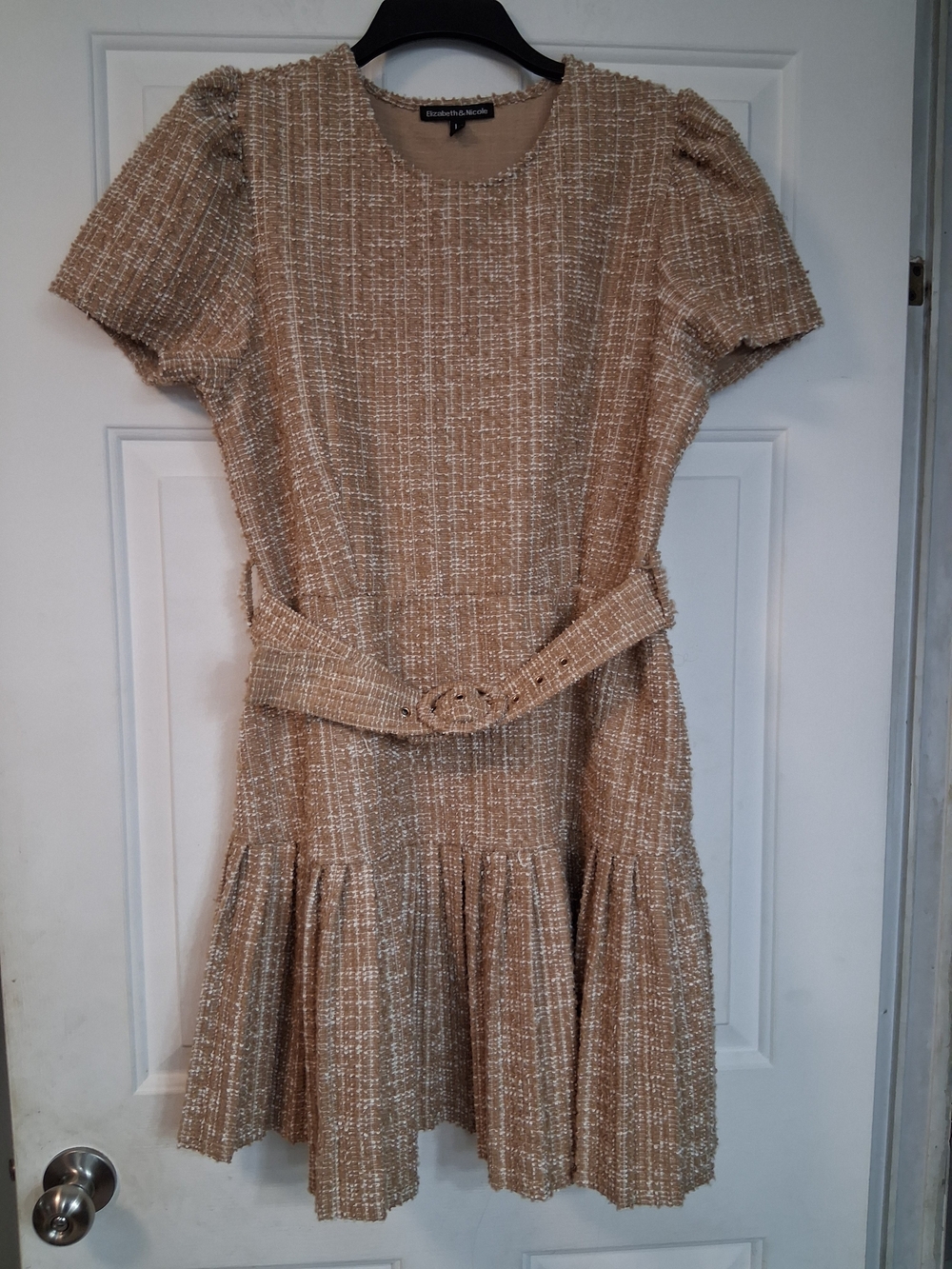 Elizabeth & Nicole Brown Beige Tweed Belted Short Sleeve Dress Size Large